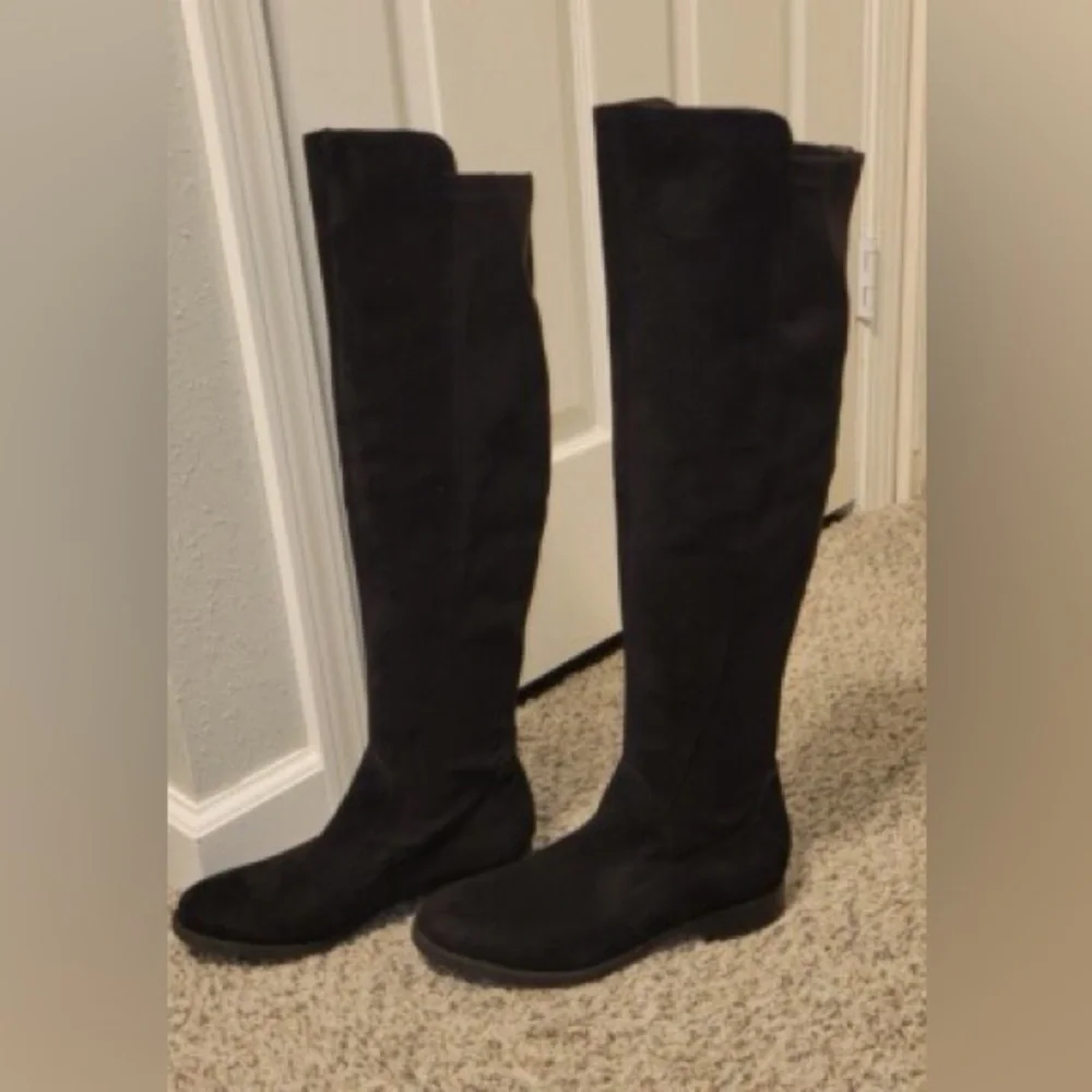 AUDREY BROOKE TAMELA OTK BOOTS 7.5 DARK BROWN SUEDE AND STRETCH 50/50 ($179)